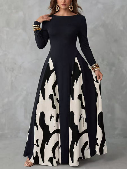 Split-Joint Printed Contrast Color Long Sleeves High Waisted Round-neck Maxi Dresses