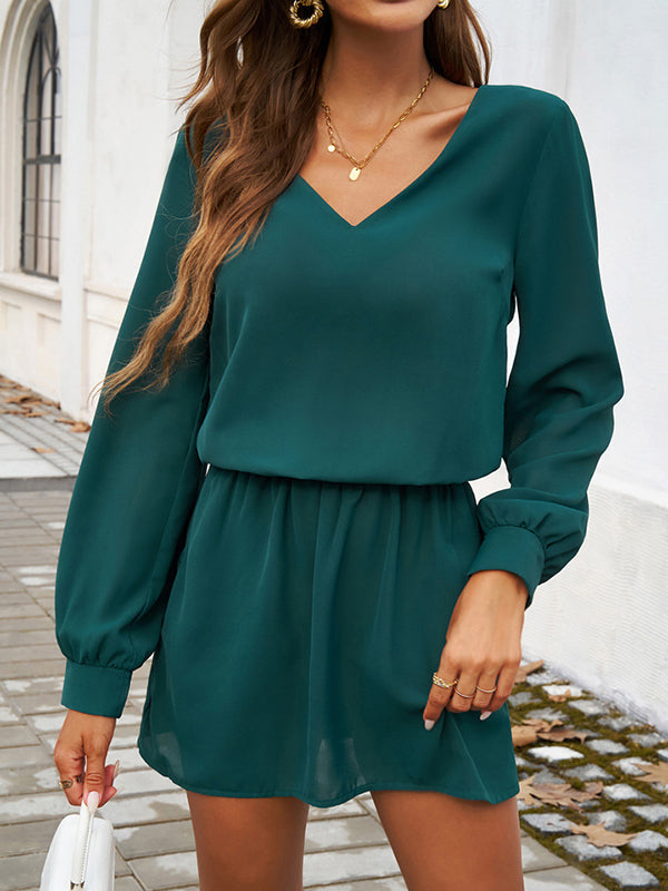A-Line High Waisted Elasticity Pleated Solid Color V-Neck Mini Dresses
