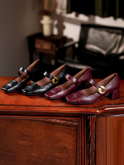 Belt Buckle Shallow Cut Split-Joint Square-Toe Pumps