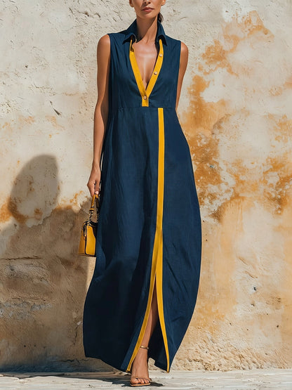 High Waisted Loose Buttoned Contrast Color Split-Front Zipper Lapel Maxi Dresses