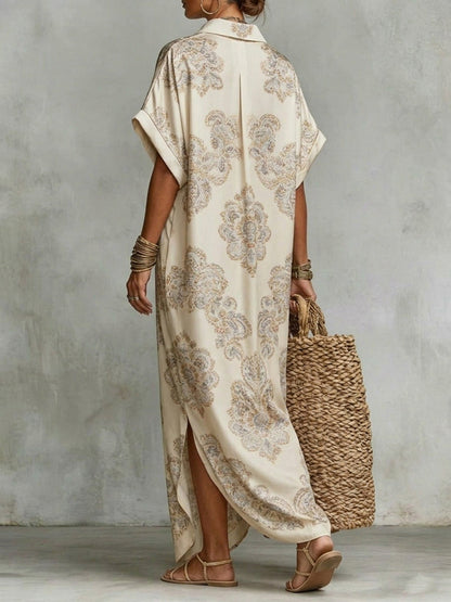 Loose Short Sleeves Buttoned Contrast Color Flower Print Split-Side Lapel Maxi Dresses