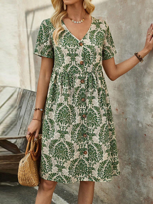 A-Line High Waisted Buttoned Pleated Printed Split-Joint V-Neck Mini Dresses