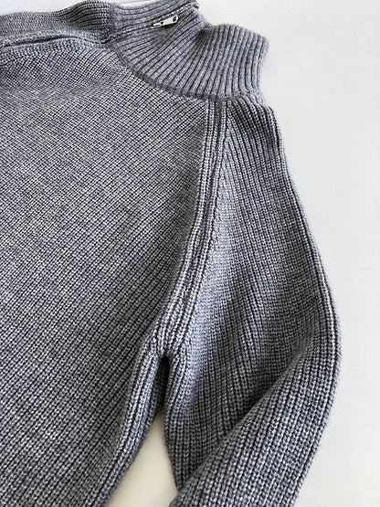 Long Sleeves Loose Split-Joint Split-Side Zipper High Neck Sweater Tops