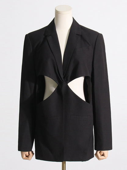 Long Sleeves Loose Hollow Knot Solid Color Notched Collar Blazer