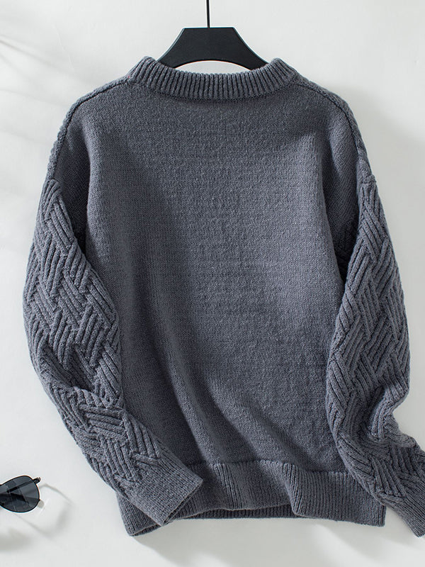 Long Sleeves Loose Solid Color Split-Joint Round-Neck Pullovers Sweater Tops