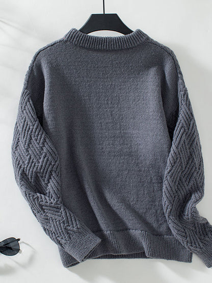 Long Sleeves Loose Solid Color Split-Joint Round-Neck Pullovers Sweater Tops