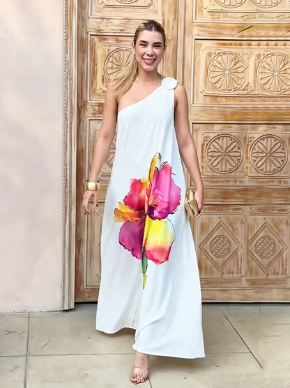 A-Line Loose Buckle Contrast Color Flower Print Pockets One-Shoulder Maxi Dresses