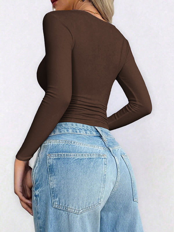 Long Sleeves Skinny Solid Color U-Neck T-Shirts Tops