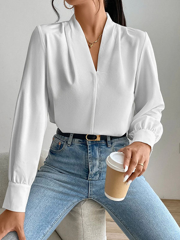 Long Sleeves Loose Pleated Solid Color Split-Joint V-Neck Blouses&Shirts Tops