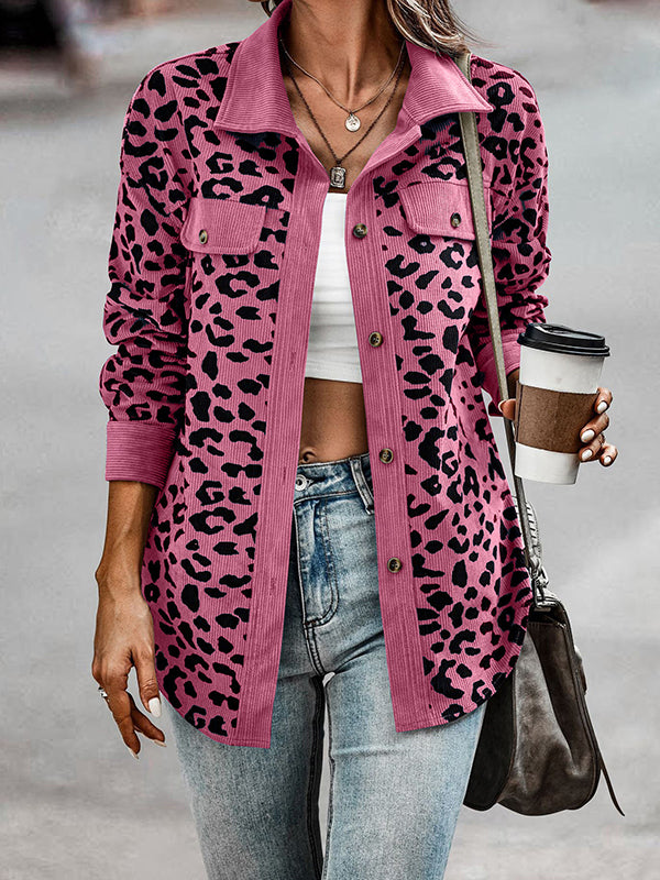 Long Sleeves Loose Buttoned Leopard Pockets Split-Joint Lapel Jackets Outerwear