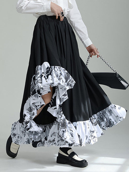 High Waisted Loose Asymmetric Elasticity Pleated Printed Ruffled Split-Joint Skirts Bottoms