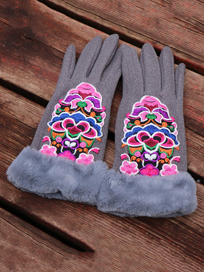 Women Artsy Winter Embroidery Fleece-lined Gloves