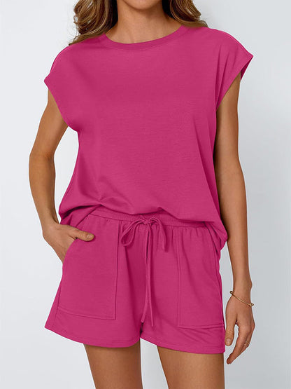 Loose Raglan Sleeve Solid Color Split-Joint Round-Neck T-Shirt + Drawstring Elasticity Shorts Two Pieces Set