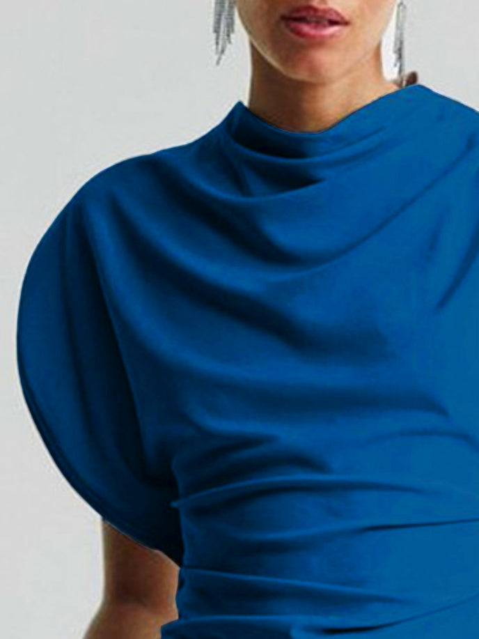 Irregularity Sleeveless Asymmetric Pleated Solid Color Round-neck Vest Top
