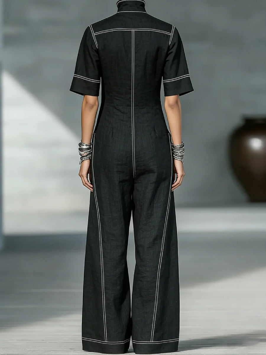 Loose Short Sleeves Pockets Solid Color Zipper Stand Collar Jumpsuits