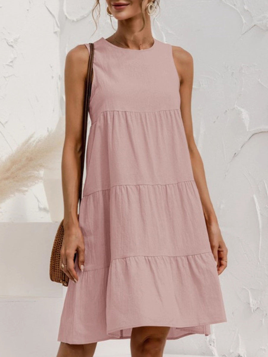 A-Line Loose Pleated Solid Color Split-Joint Round-Neck Mini Dresses