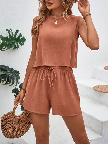 Loose Sleeveless Buttoned Drawstring Elasticity Pockets Solid Color Round-Neck Shorts Bottoms + Tank Top Two Pieces Set