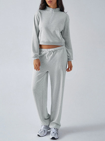 Long Sleeves Loose Pockets Solid Color Split-Joint Zipper Stand Collar Sweatshirt Tops