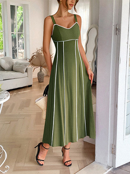 A-Line High Waisted Contrast Color Zipper Spaghetti-Neck Midi Dresses