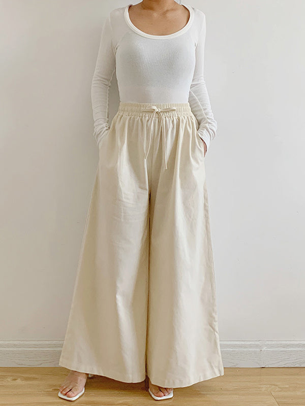 High Waisted Loose Drawstring Elasticity Pockets Solid Color Pants Trousers
