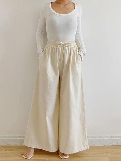 High Waisted Loose Drawstring Elasticity Pockets Solid Color Pants Trousers