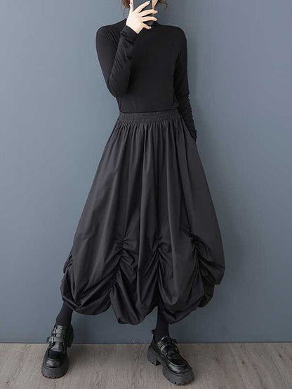 Loose Wide Leg Elasticity Pleated Pockets Solid Color Culotte Ninth Pants