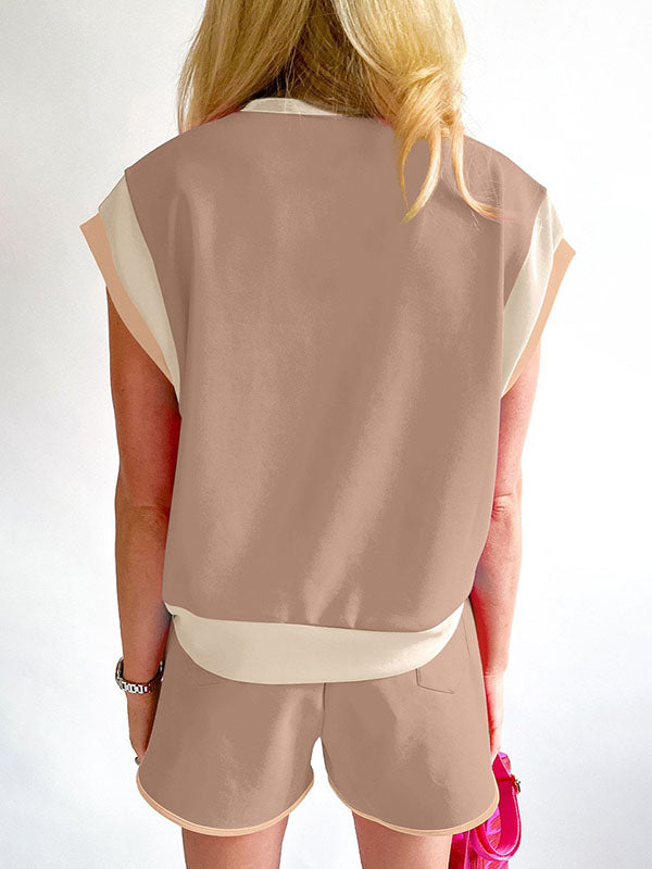 Contrast Color Short Sleeves Round-Neck T-Shirt + Elasticity Shorts Two Pieces Set