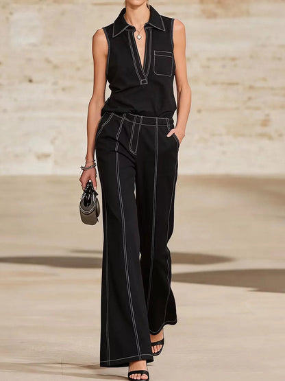 Loose Sleeveless Line Solid Color Lapel Vest Top