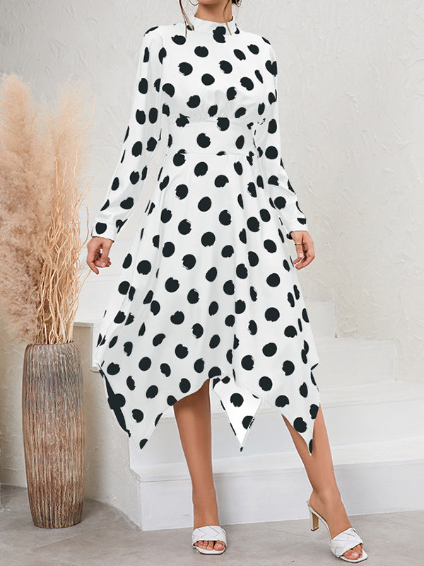 A-Line Long Sleeves Elasticity Hollow Polka-Dot Mock Neck Midi Dresses