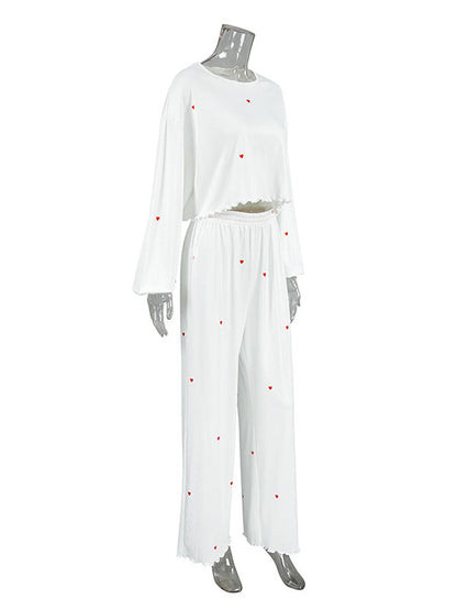 Heart Print Round-Neck Long Sleeves Tops + Elasticity High Waisted Pants Pajama Sets