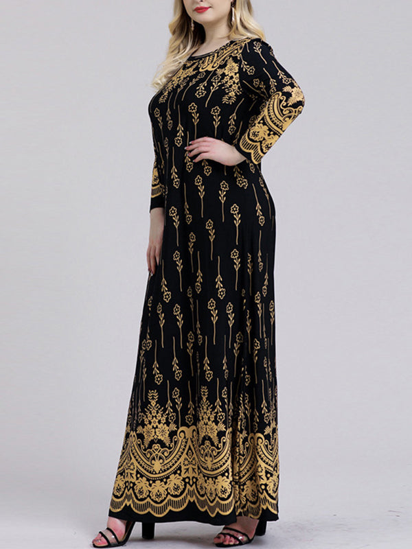 Long Sleeves Plus Size Printed Split-Joint Round-Neck Maxi Dresses