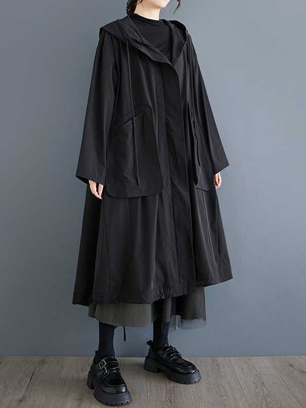 Hooded Long Sleeves Drawstring Pockets Solid Color Split-Joint Zipper Outerwear Trench Coats