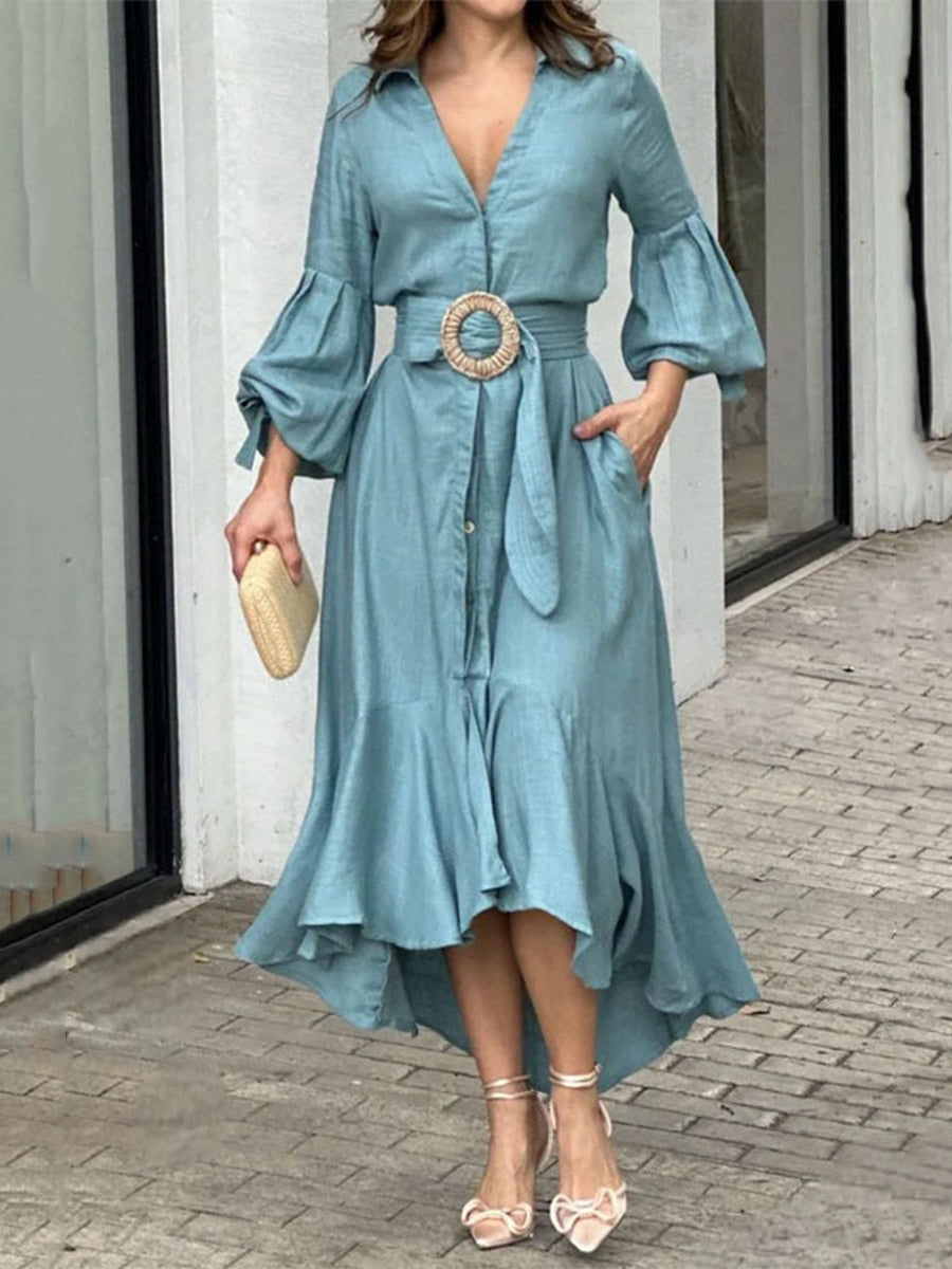 High-Low Puff Sleeves Pleated Solid Color Lapel Collar Maxi Dresses