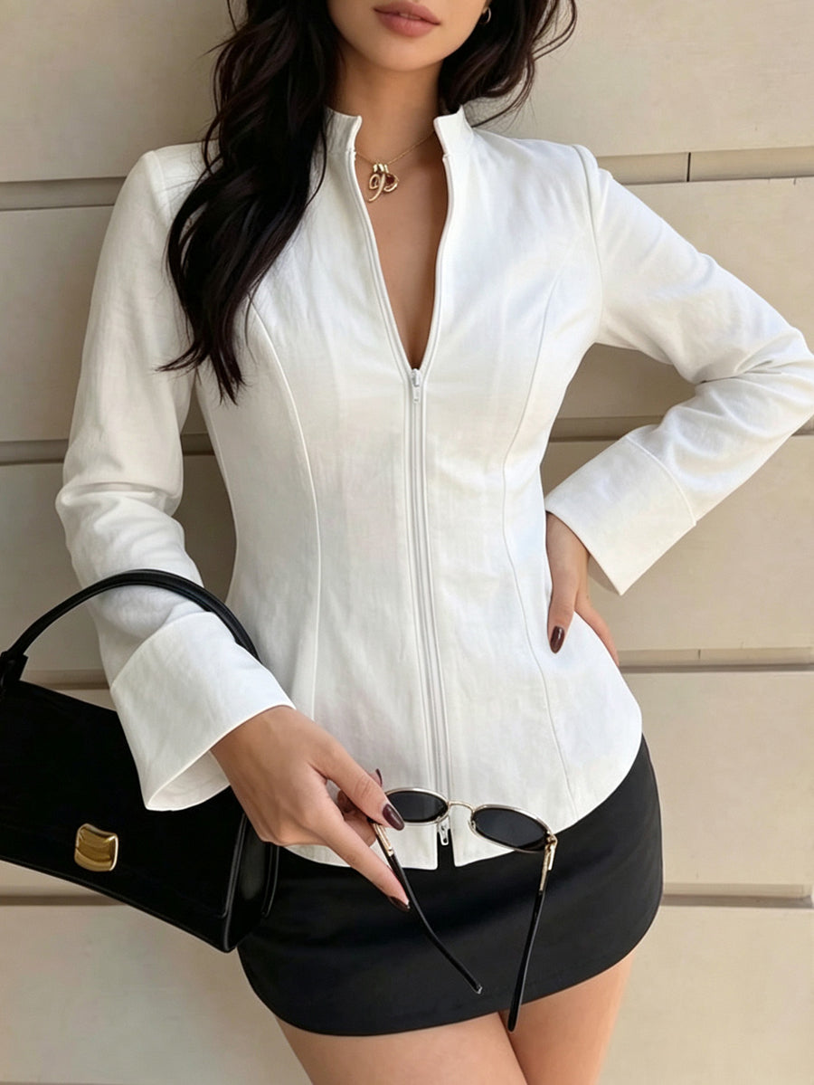Zipper Solid Color Skinny Long Sleeves Stand Collar Blouses&shirts Tops