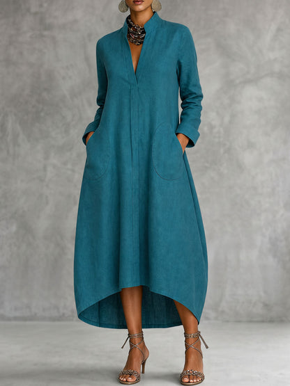 Solid Color Pockets Loose Long Sleeves V-neck Midi Dresses