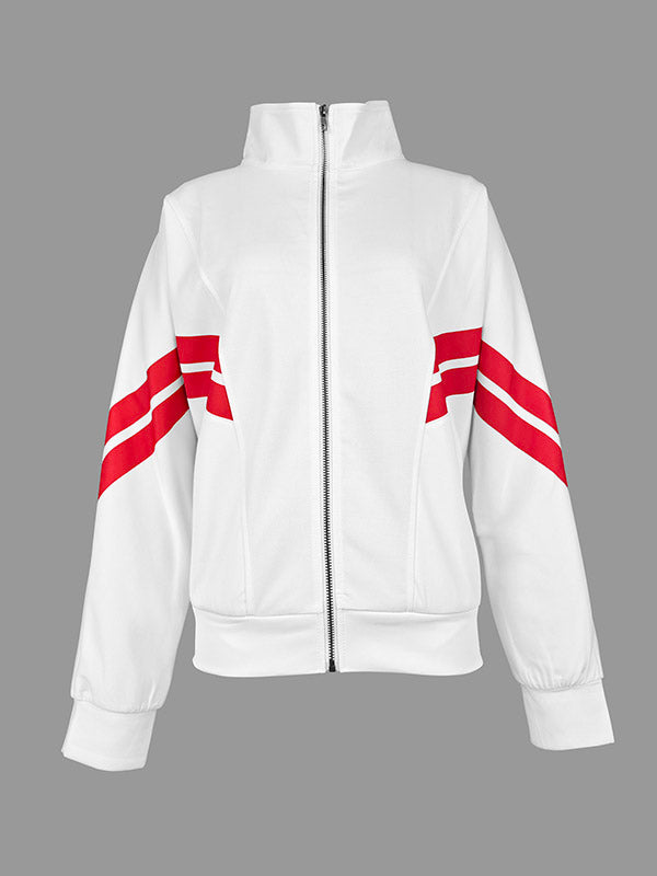 Long Sleeves Loose Split-Joint Striped Zipper Stand Collar Jackets Outerwear