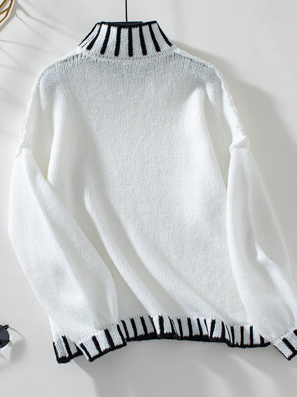 Long Sleeves Loose Contrast Color Split-Joint High Neck Pullovers Sweater Tops