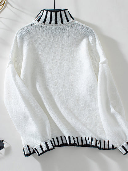 Long Sleeves Loose Contrast Color Split-Joint High Neck Pullovers Sweater Tops