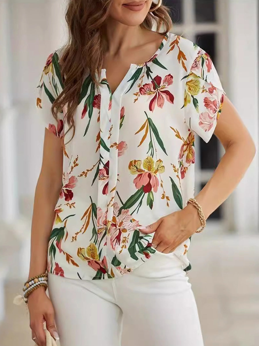 Loose Short Sleeves Contrast Color Flower Print V-Neck Blouses&Shirts Tops