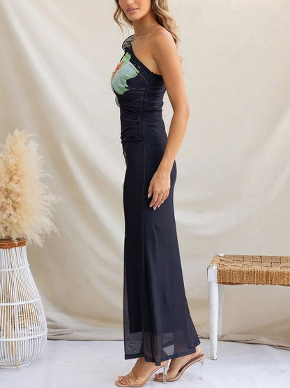 Bodycon Sleeveless Contrast Color Flower Print Hollow Three-Dimensional Flower One-Shoulder Midi Dresses
