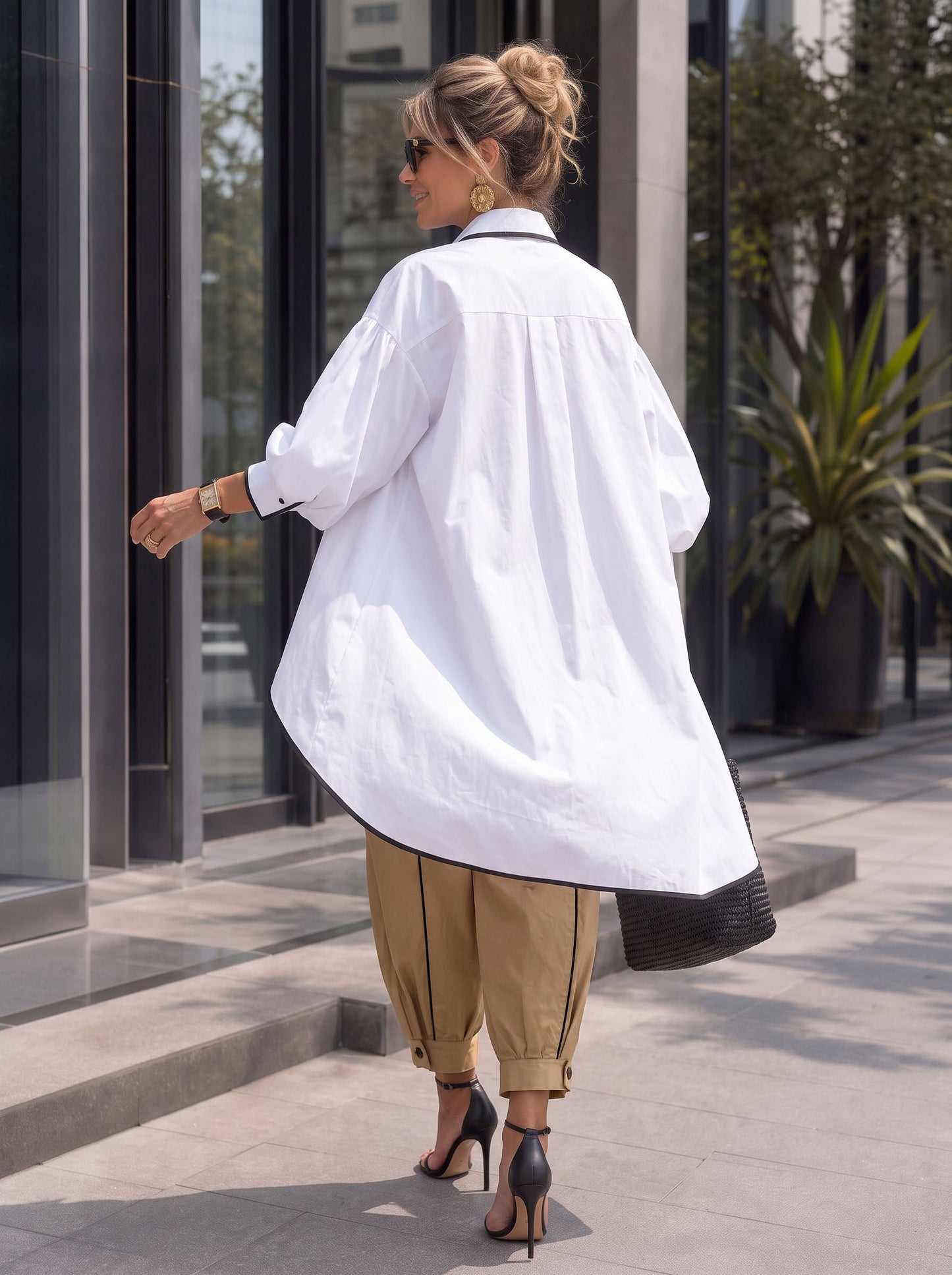 Contrast Color Buttoned Loose Long Sleeves Lapel Blouses&shirts Tops