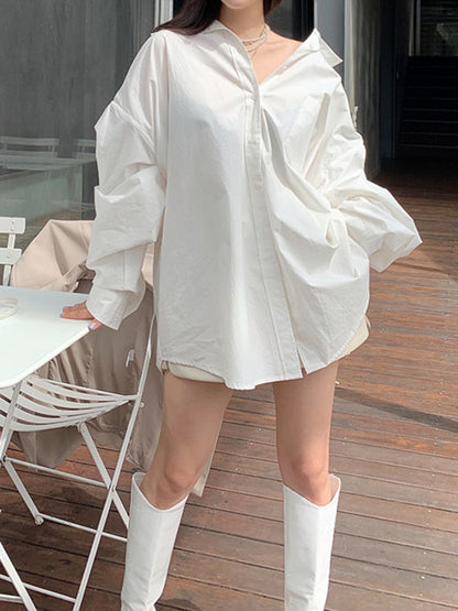 Long Sleeves Loose Buttoned Pockets Solid Color Lapel Blouses&Shirts Tops