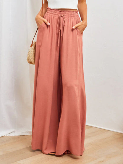 High Waisted Loose Drawstring Elasticity Pleated Pockets Solid Color Pants Trousers