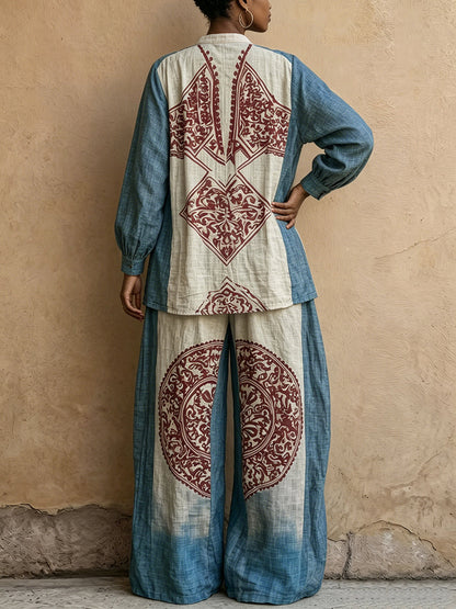 High Waisted Loose Contrast Color Elasticity Pockets Printed Pants Trousers