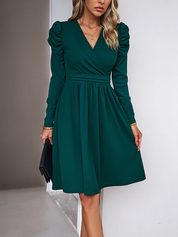 Puff Sleeves Skinny Pleated Solid Color Split-Joint V-Neck Midi Dresses
