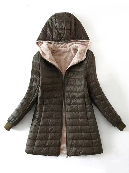 Long Sleeves Keep Warm Pockets Velvet Zipper Hooded Outerwear Padded Coat