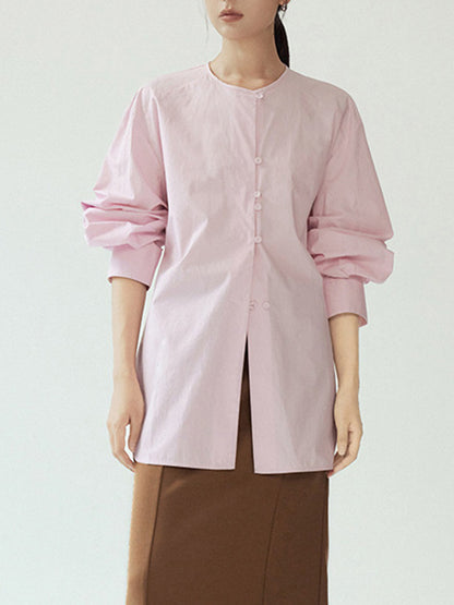 Long Sleeves Loose Buttoned Solid Color Tied Round-Neck Blouses&Shirts Tops