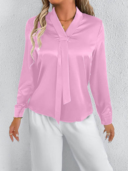 Long Sleeves Loose Solid Color Split-Joint Streamer Scarf Collar Blouses&Shirts Tops