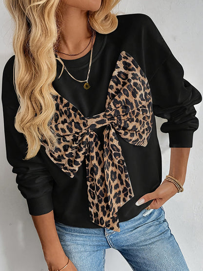 Long Sleeves Loose Bowknot Leopard Round-Neck Sweatshirt Tops