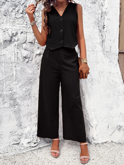 Loose Sleeveless Buttoned Solid Color V-Neck Vest Top + Pockets Elasticity Two Pieces Set
